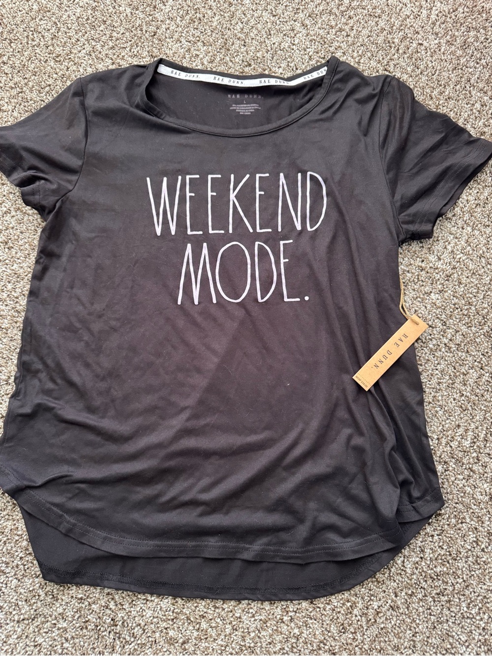 Rae Dunn Black Short Sleeve Tee with White "WEEKEND MODE." Graphic